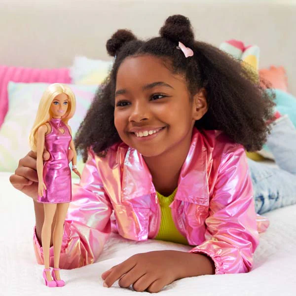 Barbie Doll Metallic Pink Minidress With Heart Cut-Out Blond Hair - Image 3