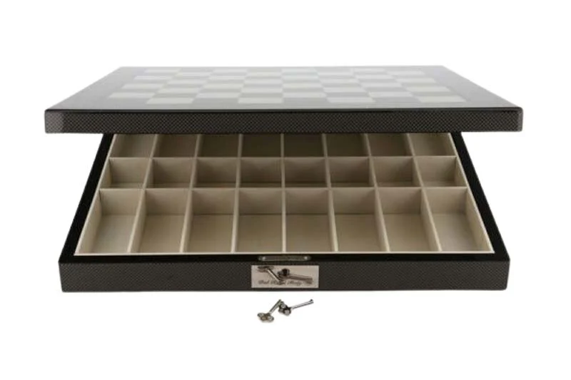 Dal Rossi Italy Evil Ring Metal Chess Set on Carbon Fibre Shiny Finish Chess Box 20” with compartments - Image 2